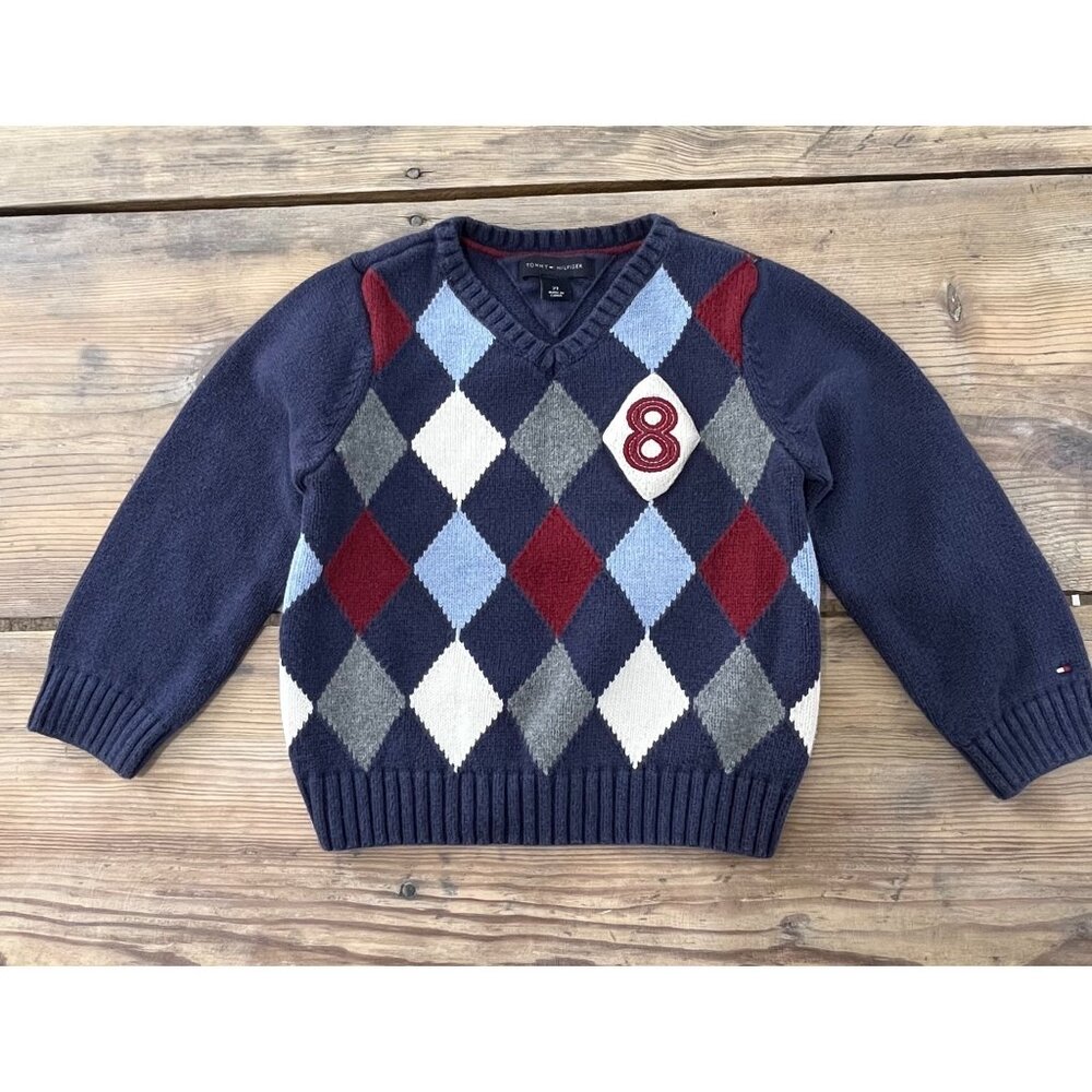 VTG 90s Tommy Hilfiger V-Neck Sweater 2T Blue Diamond Pattern 100% Cotton